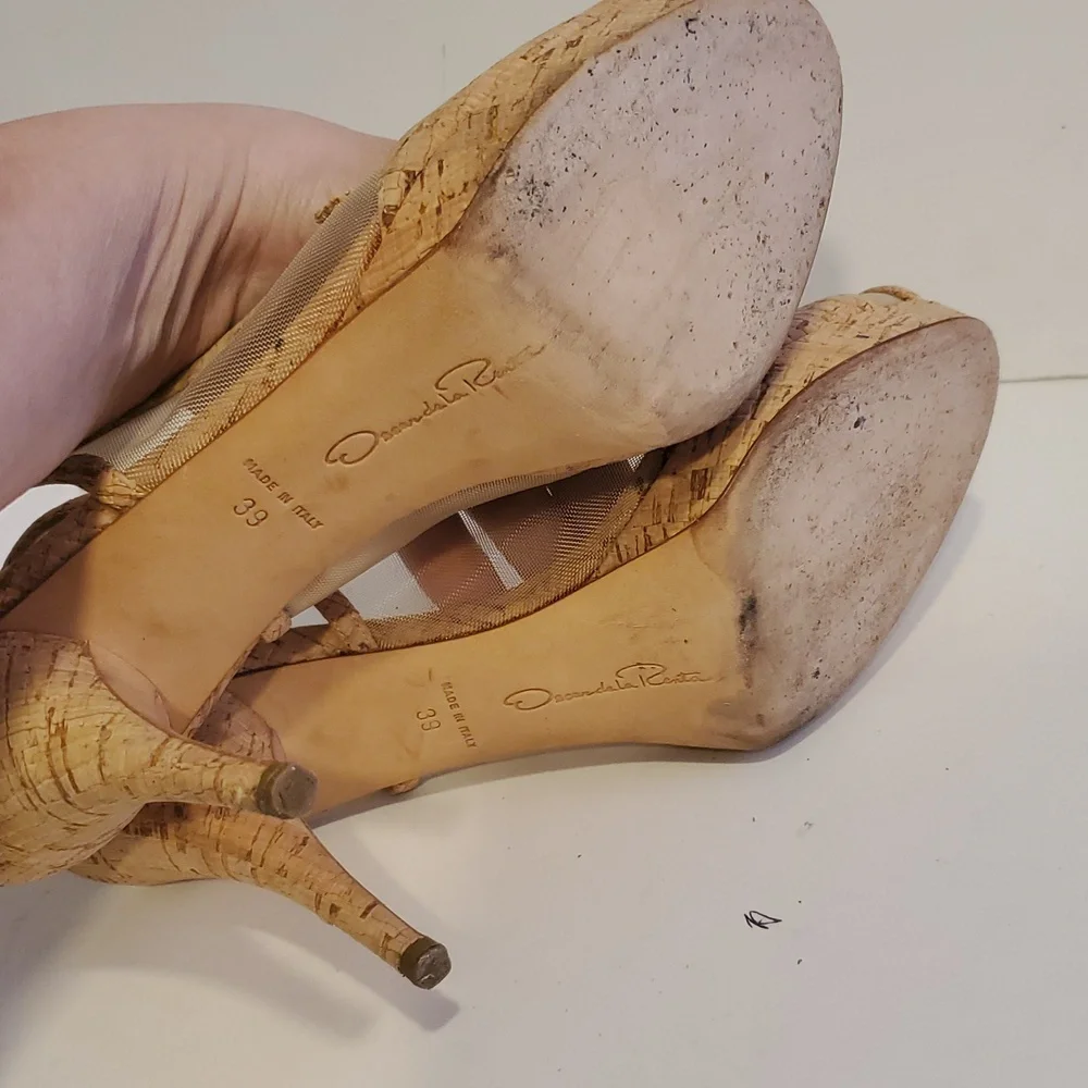 Oscar de la Renta Cork Mesh Slingback Peeptoe Heels Size 9 - Picture 7 of 12